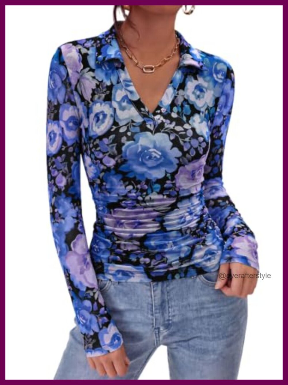 Boho Floral Mesh Blouse V Neck Long Sleeve Top